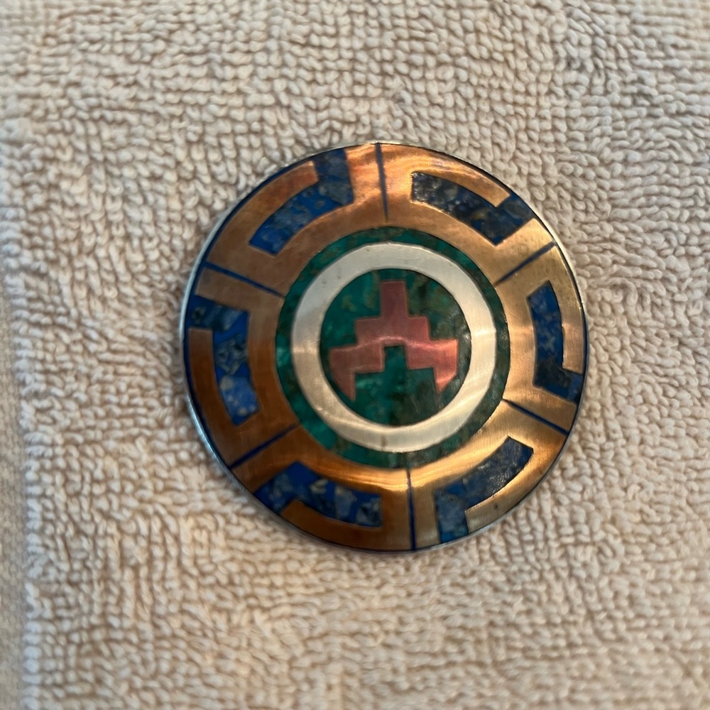 Sterling Silver Vintage Taxco Mexico Inlaid Stone Brooch, 2” diameter